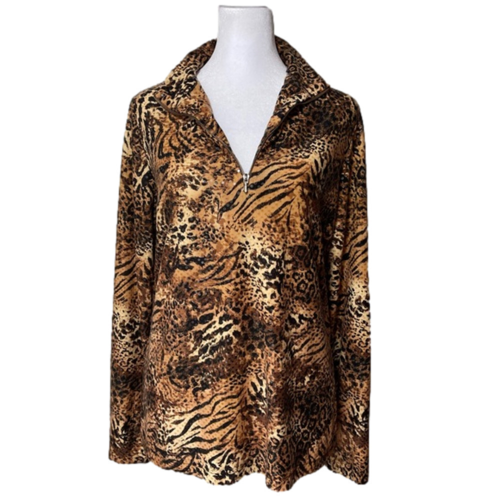 Sno Skins Pullover Zip Neck Animal Print Brown Black Tan Long Sleeve Turtleneck